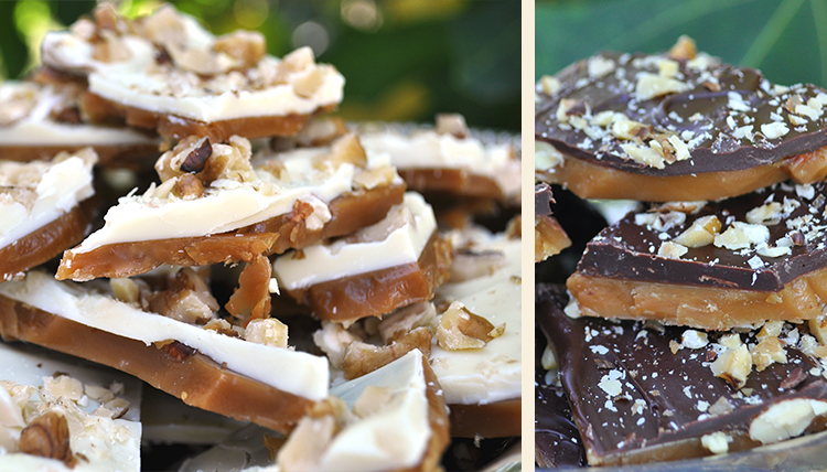 white chocolate toffee and dark chocolate toffee