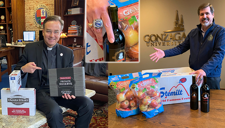 three separate images, 1 of president with steaks, 1 of president with wine and apples, 1 close up of final four ring