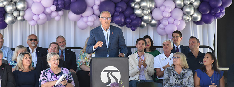  Gov. Jay Inslee on campus July 18 for the dedication of Spokane’s new all-electric City Line, with two stations on GU’s campus.