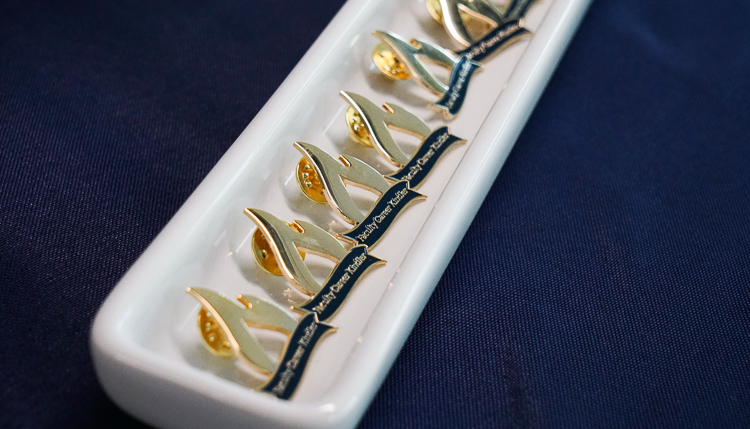 A row of gold-colored enamel pins shaped like a flame with a banner underneath sit in a neat row on a porcelain dish. The banner on each pin reads 'Faculty Career Kindler.'