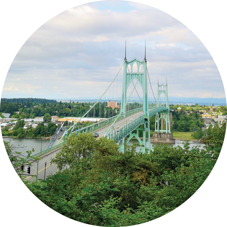 St. John's Bridge stretches across the Willamette River in Portland, Oregon.