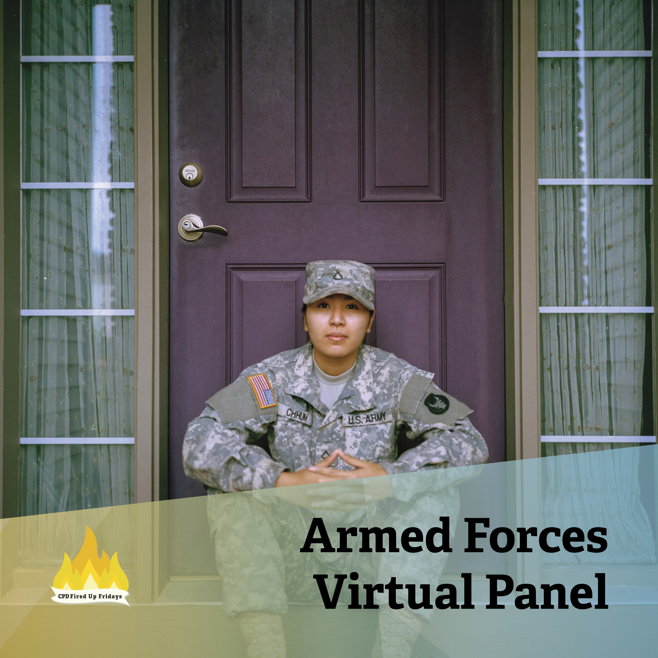 A young woman in military fatigues sits on the steps in front of her house. She looks intently at the camera with a calm expression. Beneath her, the text reads: 'Armed Forces Virtual Panel.'