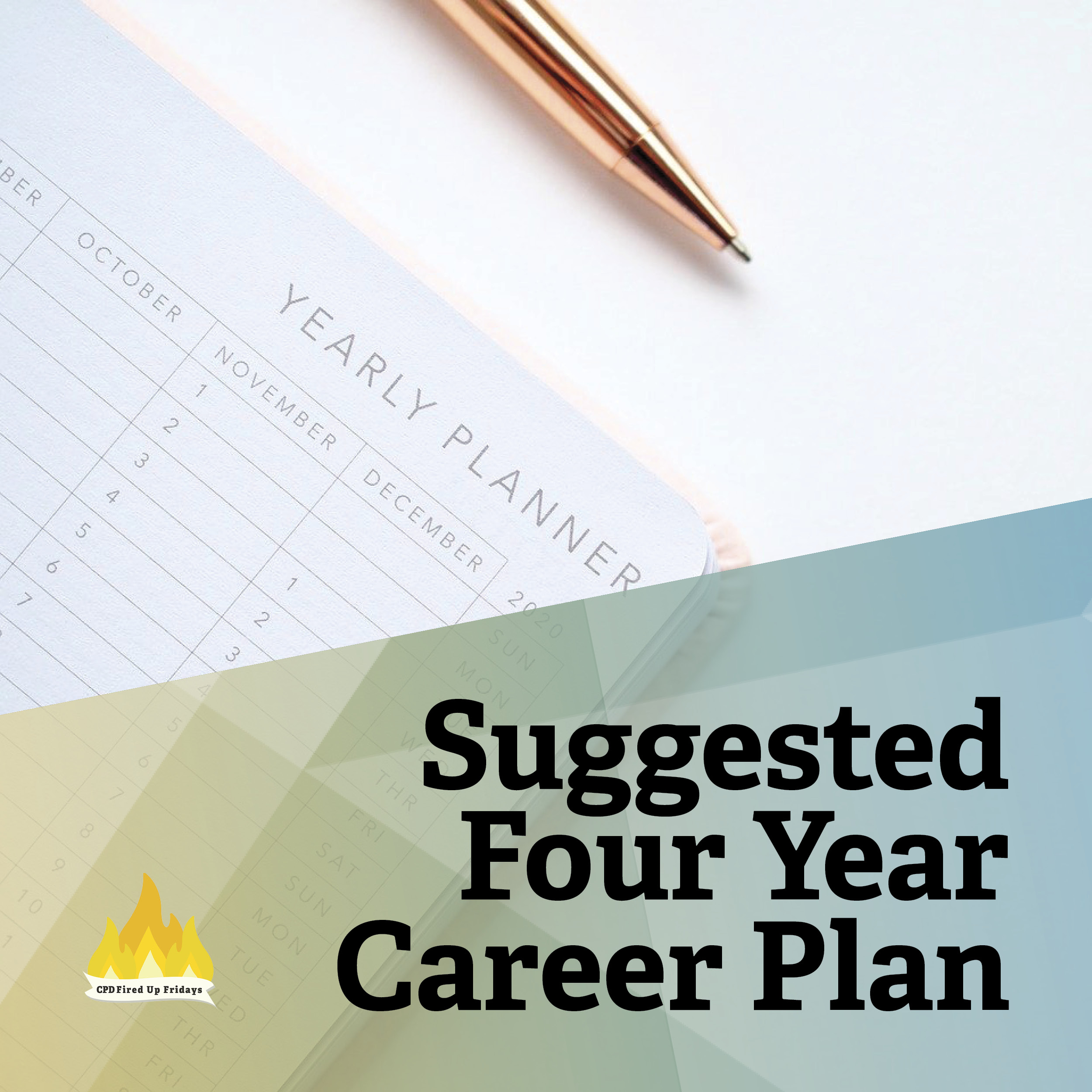 Photo close up of a planner with a rose gold pen sitting above. The text underneath reads: 