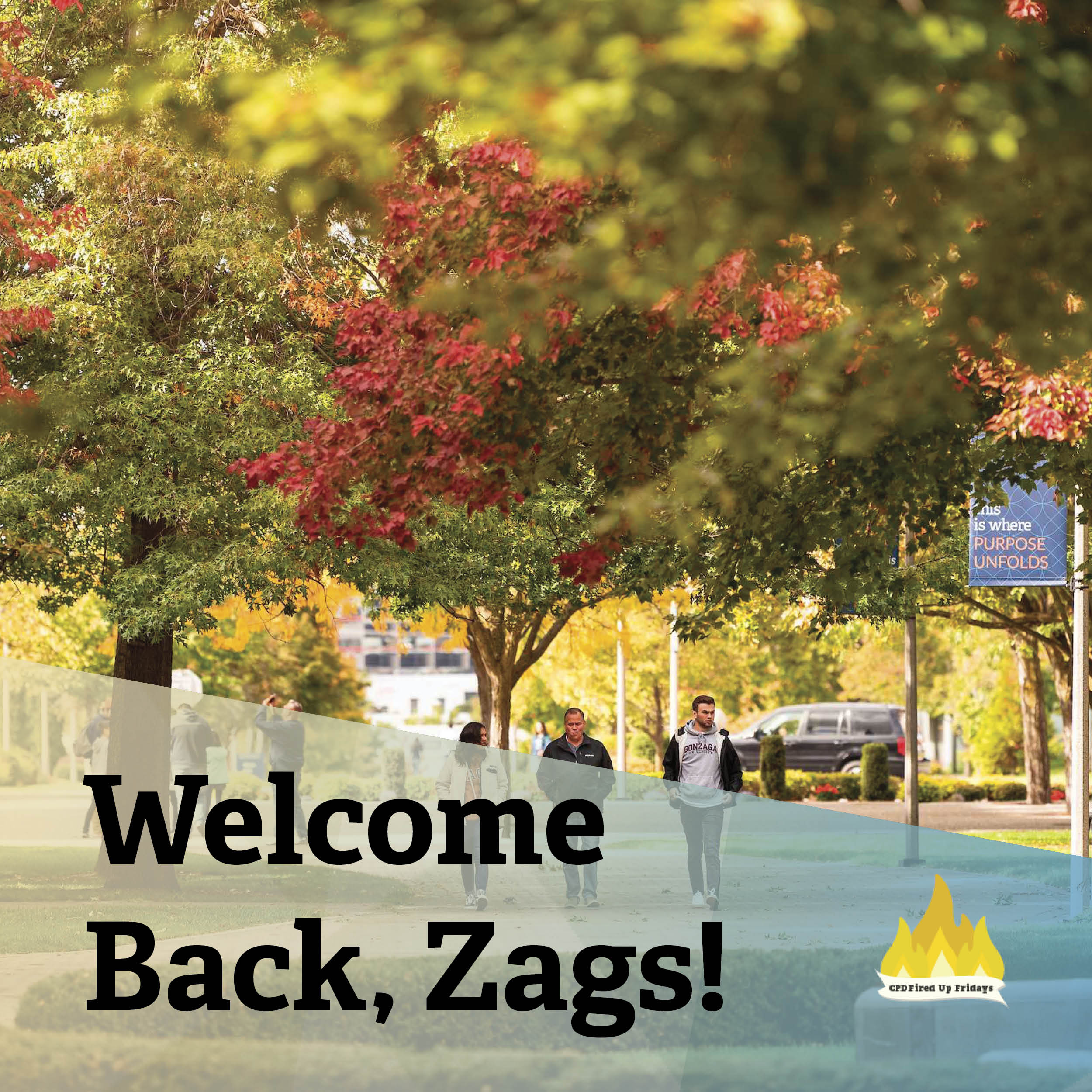 A young man with his parents walks across campus. The trees are just starting to turn red. Below, the text reads: 'Welcome Back, Zags!'