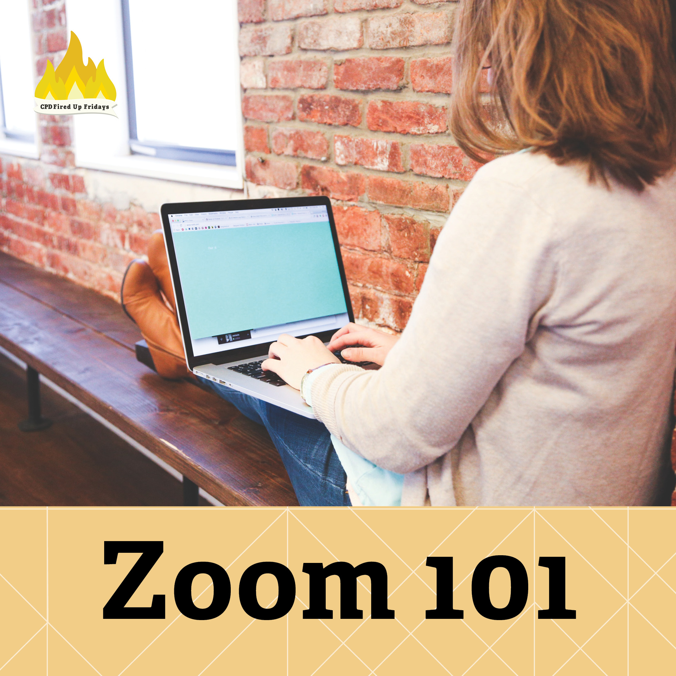 Young woman sitting with her back to the camera. Sitting on her outstretched legs is an open laptop. Text underneath reads: 'Zoom 101'