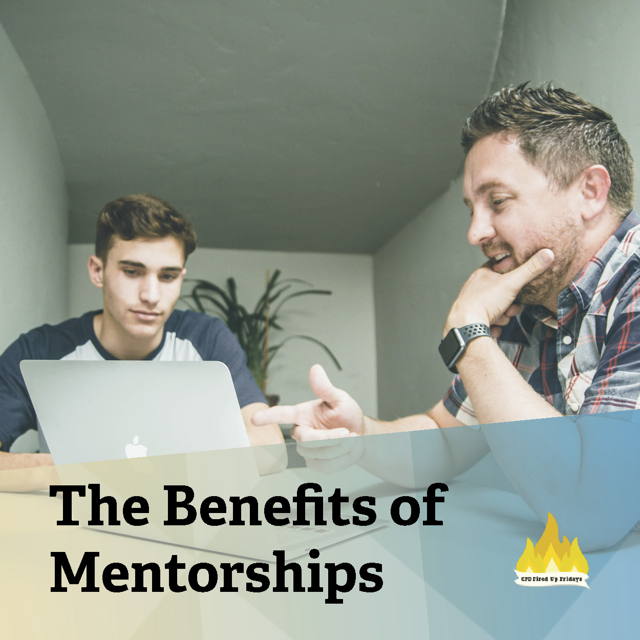 A man in a plaid shirt points to the screen of a laptop. To his right, a young man observes the screen, listening to what the first man is saying. Underneath, text reads: 'The Benefits of Mentorships.'