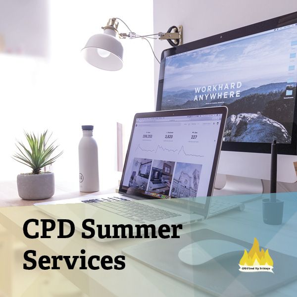 An open laptop with a separate monitor behind it sits on a desk. The wallpaper on the monitor says, 'Work Hard Anywhere.' Underneath the image, text reads, 'CPD Summer Services'
