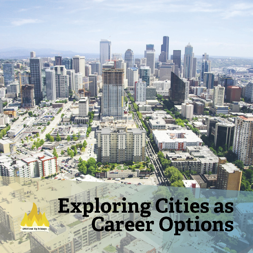 Seen from high above, a city scape sprawls in the distance, including several skyscrapers and rows of trees along the roads. Underneath, text reads: 'Exploring Cities as Career Options.'