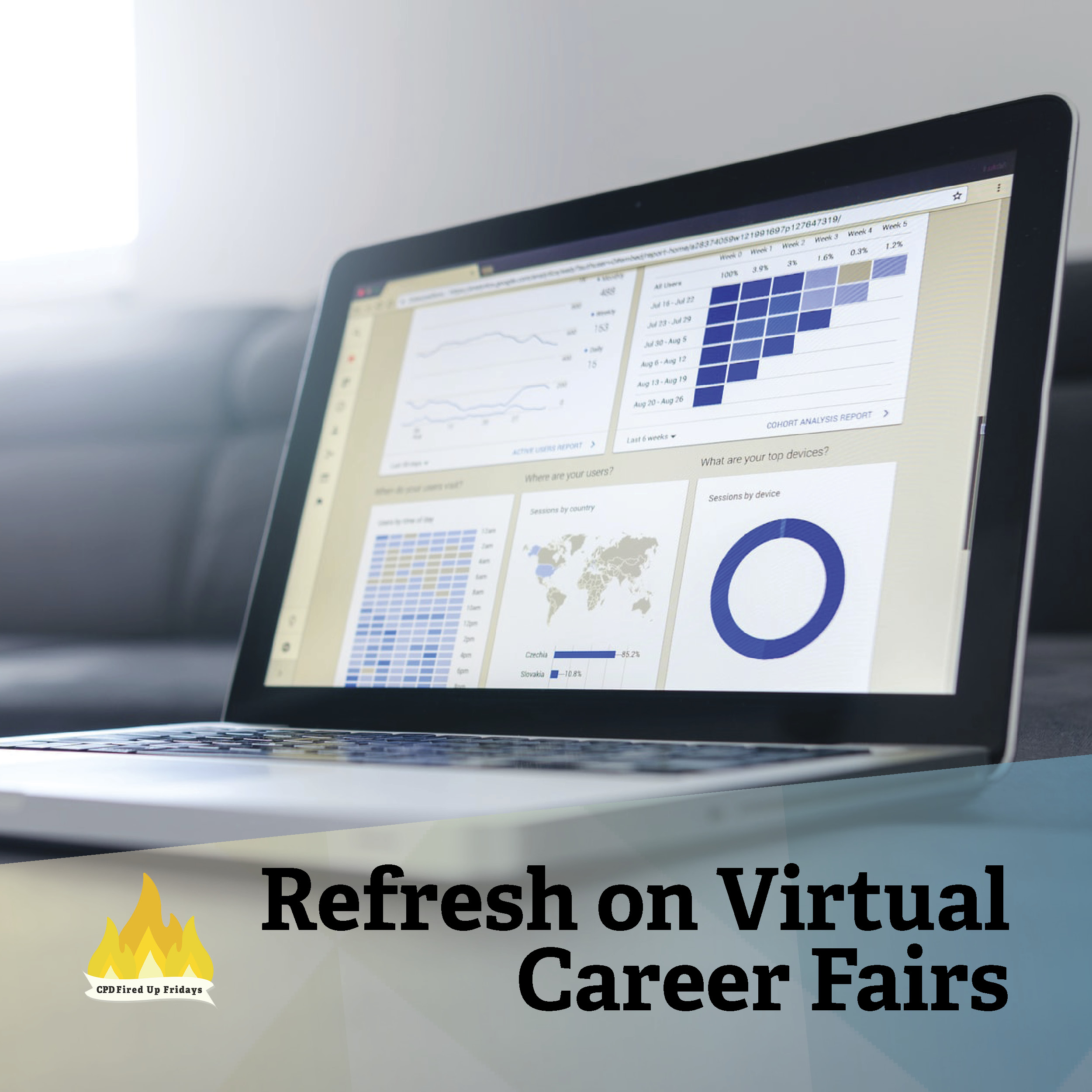 A laptop sits open on a desk. The monitor displays several financial charts include a pie chart and a bar graph. Underneath, text reads: 'Refresh on Virtual Career Fairs.'