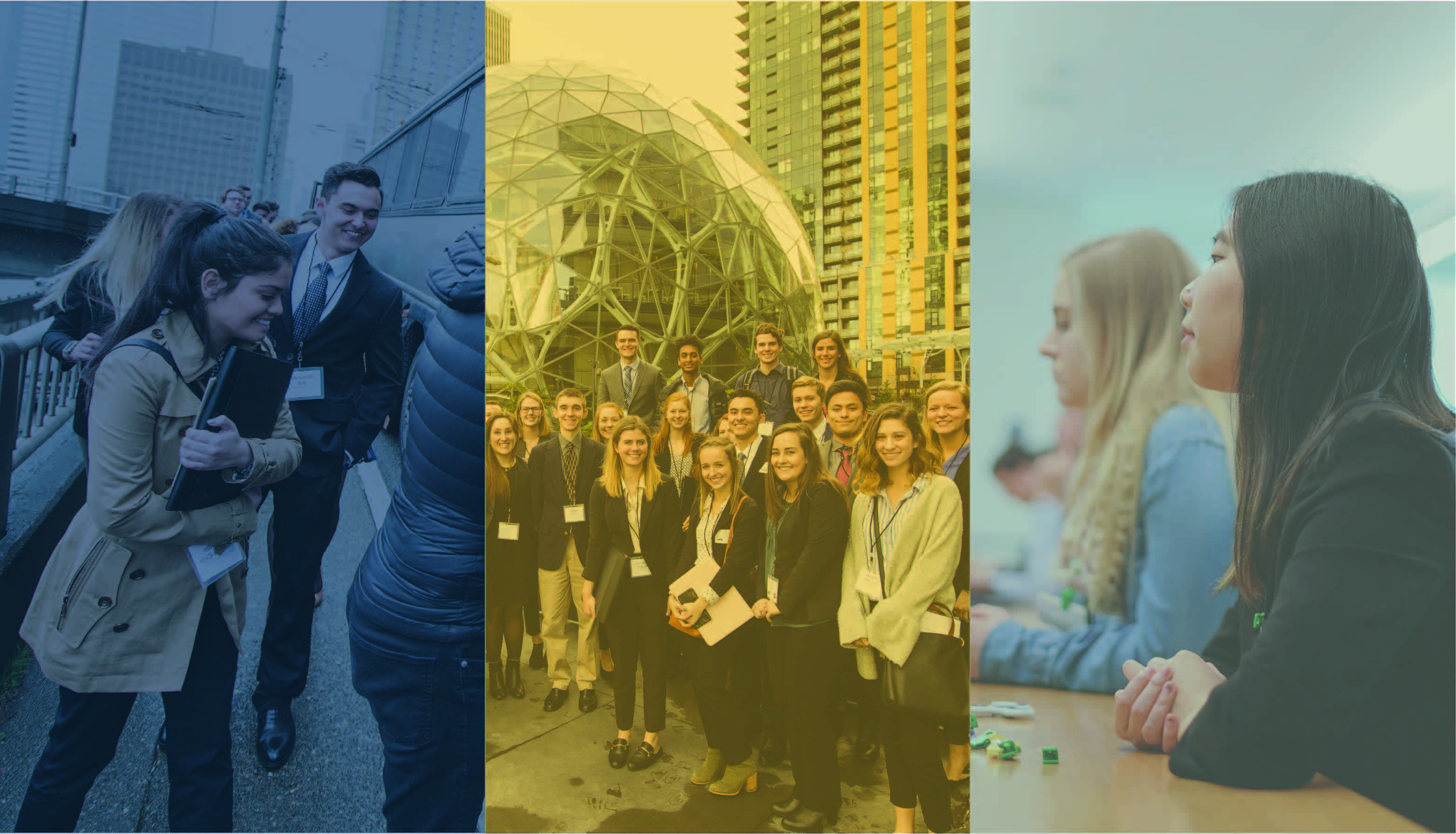 Three images are composed in a row, with a colored overlay on each. The left image shows a line of students entering a touring bus. The center image shows over 20 students posing together in Seattle. The image on the right shows two young women sitting at a long table and listening to a speaker off camera.