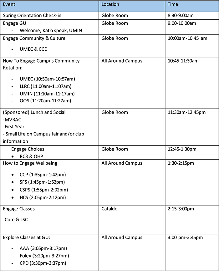 Spring Orientation Schedule 2026