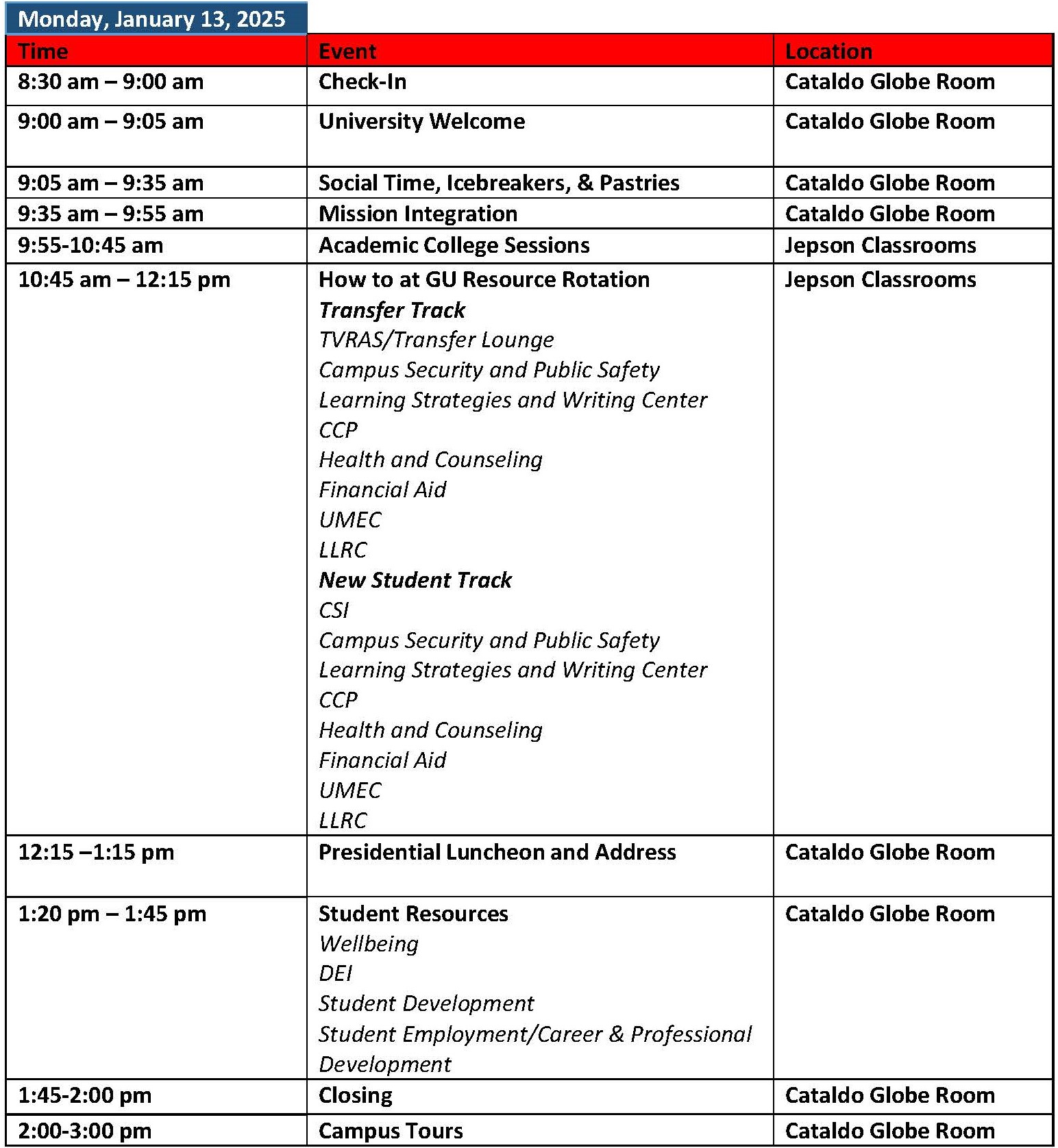 Spring New Student Orientation Schedule 2025