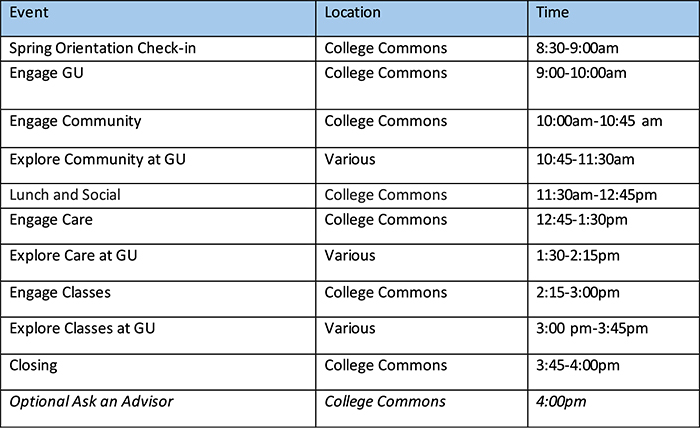 Spring Orientation Schedule 2026