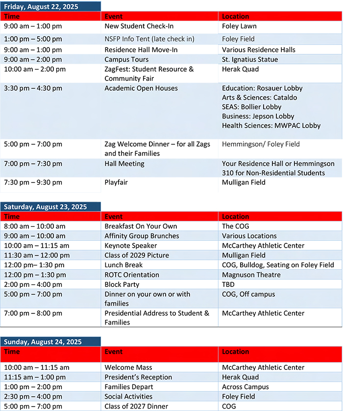 New Student Welcome Weekend Schedule 2025 page 1