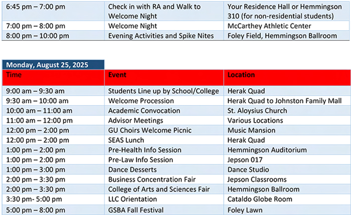 New Student Welcome Weekend Schedule 2025 page 2