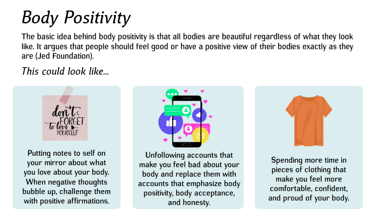 Body Positivity: The basic idea behind body positivity is that all bodies are beautiful regardless of what they look like. It argues that people should feel good or have a positive view of their bodies exactly as they are (Jed Foundation). This could look like... 1.Put notes to self on your mirror about what you love about your body. When negative thoughts bubble up, challenge them with positive affirmations. 2.Unfollow accounts that make you feel bad about your body and replace them with accounts that emphasize body positivity, body acceptance, and honesty. 3. Spend more time in pieces of clothing that make you feel more comfortable, confident, and proud of your body.  
