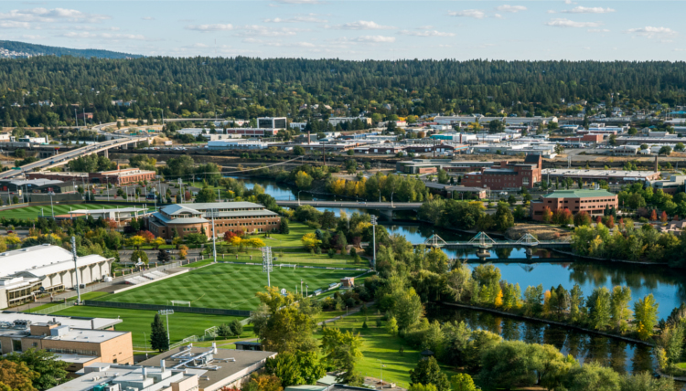 Spokane River and Gonzaga Campus photo taken from drone