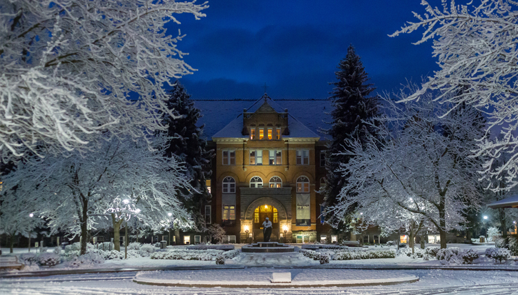 A winter night in front of college hall.