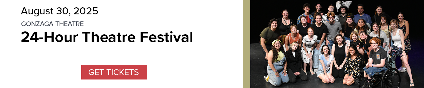 Banner for 24-Hour Theatre Festival performance on August 30, 2025 with a group photo of actors on stage and a 'Get Tickets' button. 