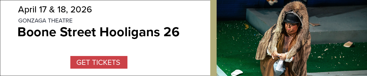 Banner for Boone Street Hooligans 26 performances on April 17 & 18, 2026 with an image of an actor performing a scene on stage and a 'Get Tickets' button. 