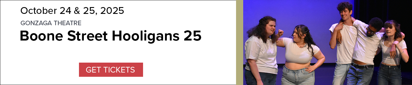 Banner for Boone Street Hooligans 25 performances on October 24 & 25, 2025 with an image of actors performing a scene on stage and a 'Get Tickets' button. 