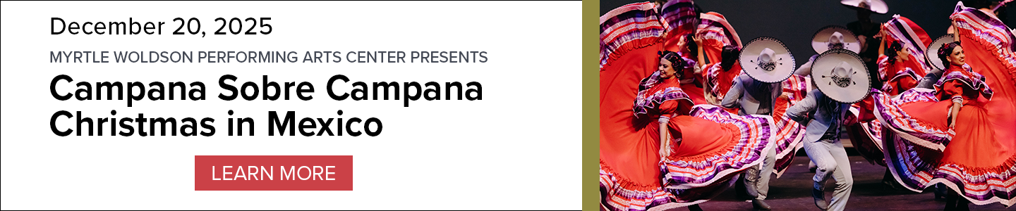Banner for Campana Sobre Campana Christmas in Mexico performance on December 20, 2025, with group members dancing, some dancers in bright red dressed, others in suits with large hats, and a 'Learn More' button.