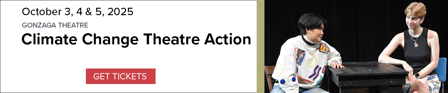 Banner for Climate Change Theatre Action performances on October 3, 4, 5, with an image of two actors performing a scene on stage and a 'Get Tickets' button. 