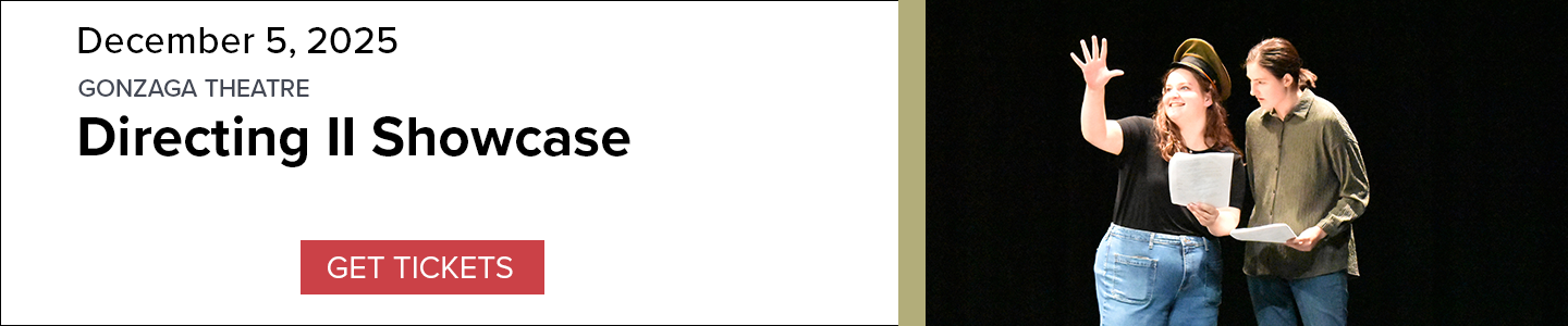 Banner for Directing II Showcase performance on December 5, with an image of two actors performing a scene on stage and a 'Get Tickets' button. 