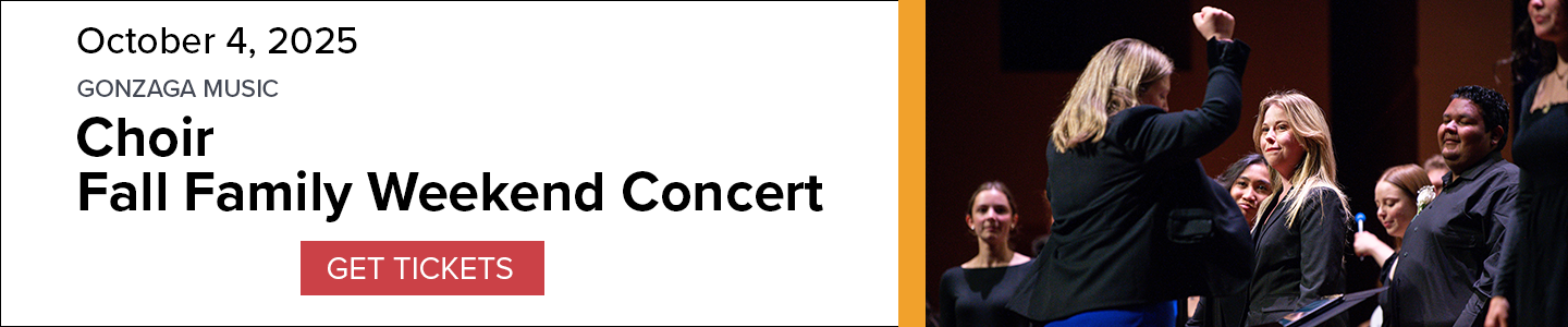 Banner for Fall Family Weekend Choir Concert performance on October 4, 2025, with group members performing and a 'Get Tickets' button.