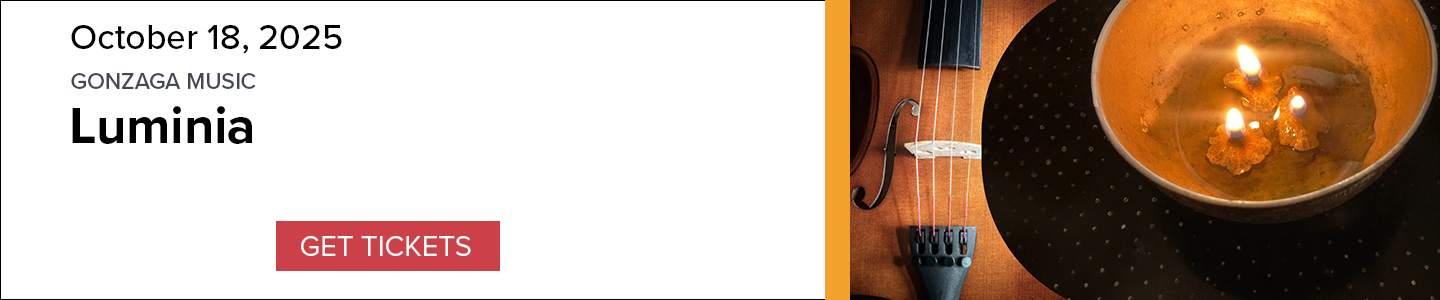 Banner for Gonzaga Music Luminia Performance on October 18, 2025, with an image of a cello and a candle, and a 'Learn More' button. 