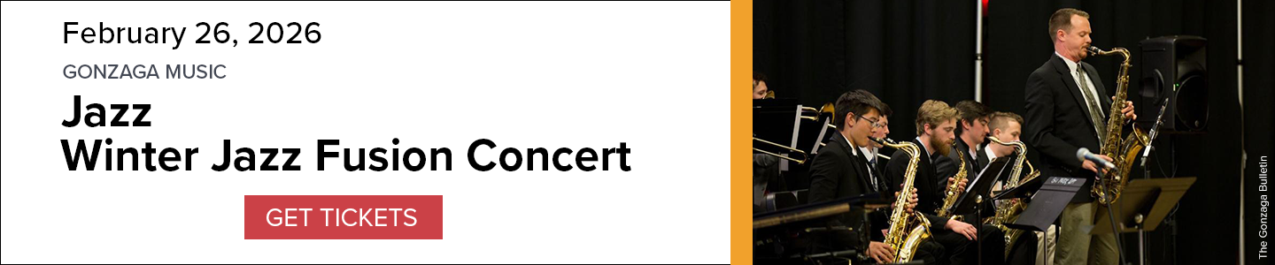 Banner for Winter Jazz Fusion Concert performance on February 26, 2026, with group members in playing at a concert and a 'Get Tickets' button.