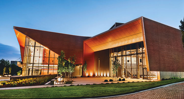 Myrtle Woldson Performing Arts Center exterior at dusk