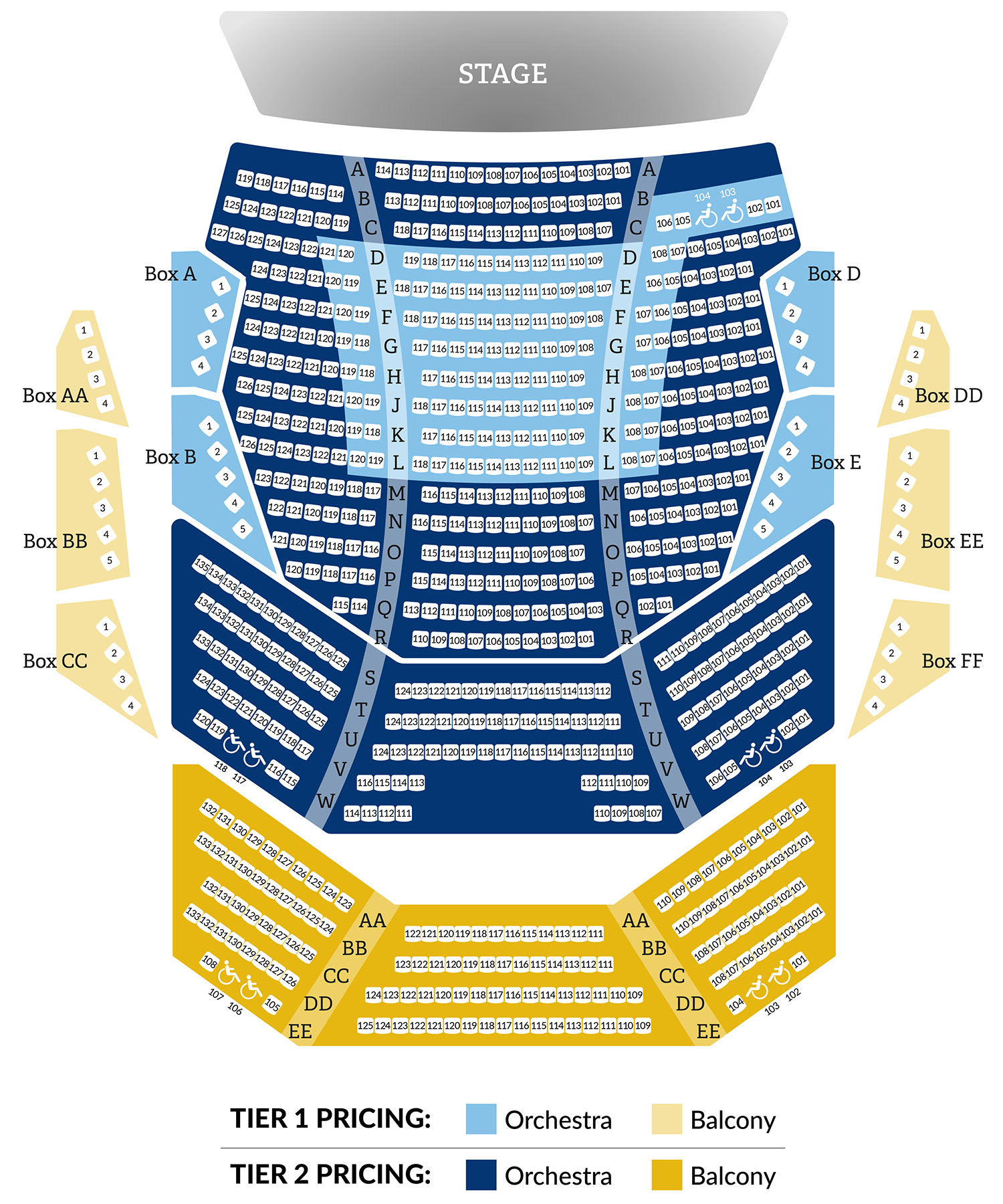 Coughlin Theater map for Orchestra and Balcony seating