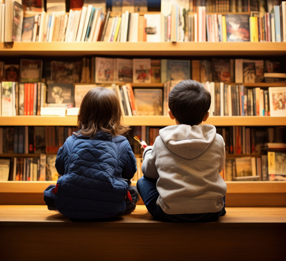 two kids seating in front of the book shelves