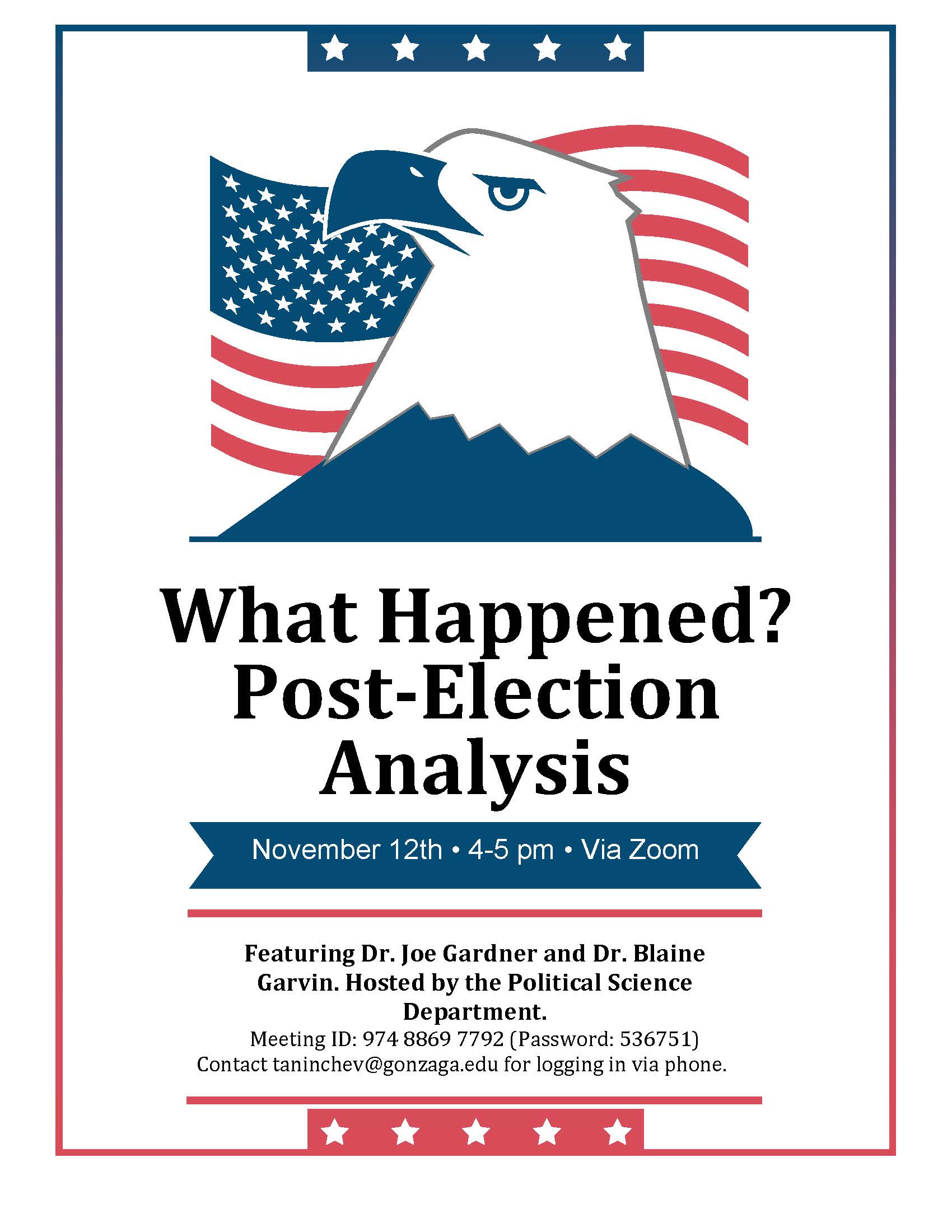 Illustration of bald eagle in front of American flag, with text that reads: "What Happened? Post Election Analysis". November 14, 4-5 PM.