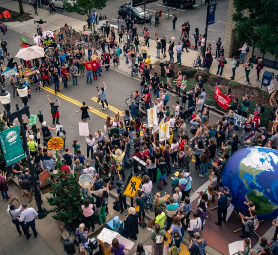 Photo people gathered in the street for the 'Protector of Salish Sea' strike.