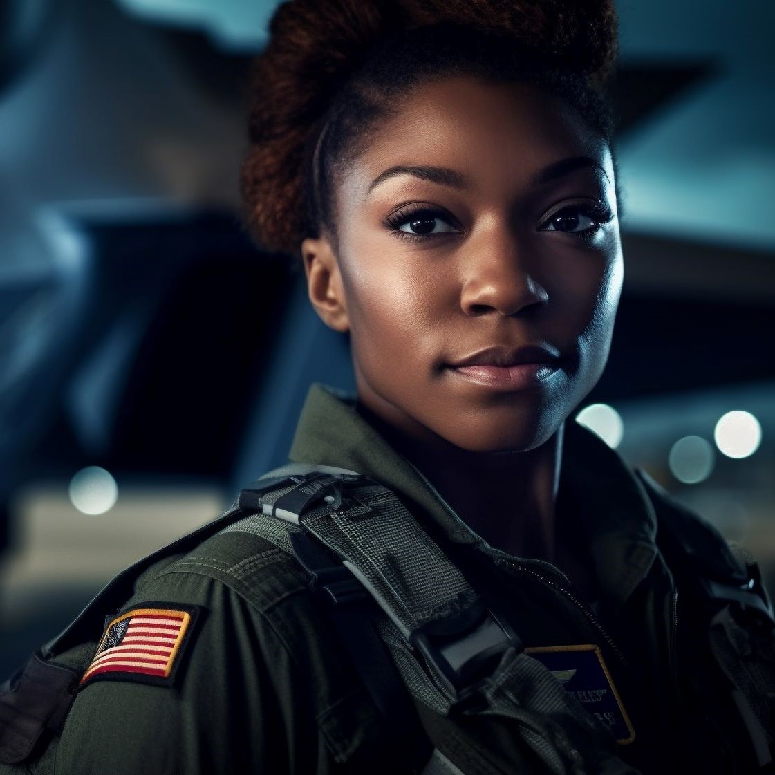 A young women wearing a dark green military jacket with the American flag on the shoulder looks calmly into the camera. Behind her, just out of focus, is the front of a fighter jet.