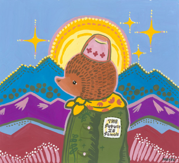 Painting of a bear wearing a hat, scarf and coat with a patch on the sleeve that says "The Future is Femole" set against a stylized mountain range, moon and stars.