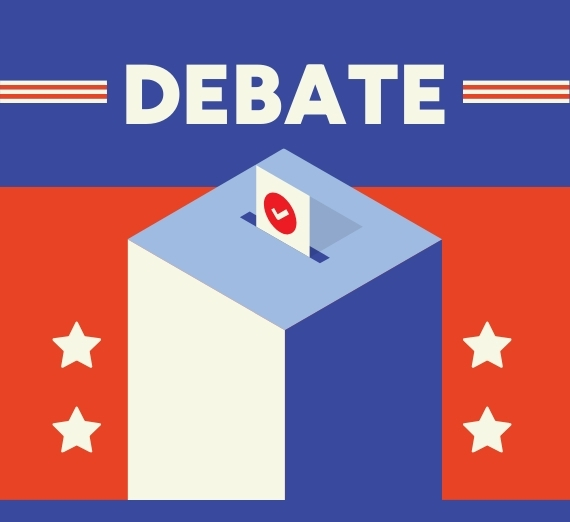 An illustration done in red white and blue of a ballot box with the word "Debate" over the top. 