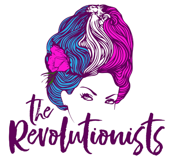 Illustration of a woman's head with a tall updo hairstyle that has blue, white and pink sections from left to right with a pink flower above the left ear. "The Revolutionists" is printed across the bottom of the face where the nose and mouth would be. 