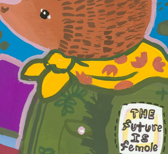Painting of a bear wearing a hat, scarf and coat with a patch on the sleeve that says "The Future is Femole" set against a stylized mountain range, moon and stars.
