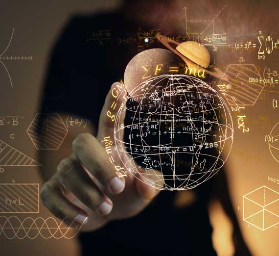 Math symbols with hand touching virtual globe