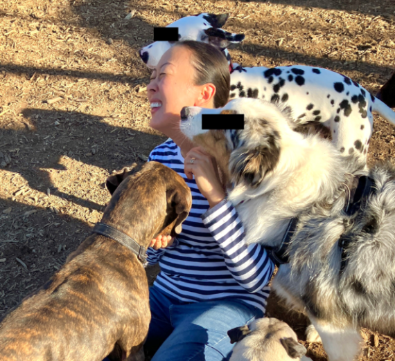 A laughing person on the ground surrounded by dogs trying to get close to her. The dogs eyes are covered by black boxes. 