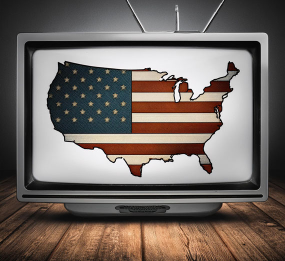 A television screen with a united states map on it.