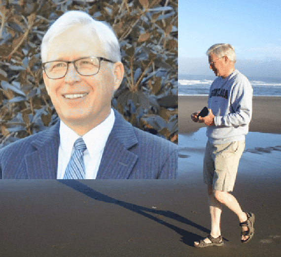 headshot inset against larger image of Quinn in a Gonzaga sweatshirt at a beach