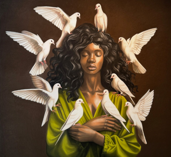 A work of art by Megan Martens-Howarth called The Interlude. A woman with long curly brown hair, medium brown skin, wearing a green top with her eyes closed, arms crossed loosely in front of her with doves hovering around and perched on her.