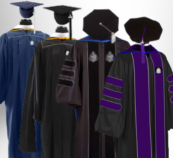 Four sets of academic attire for Commencement 2025: Undergraduate, Masters, Doctoral, and Law 