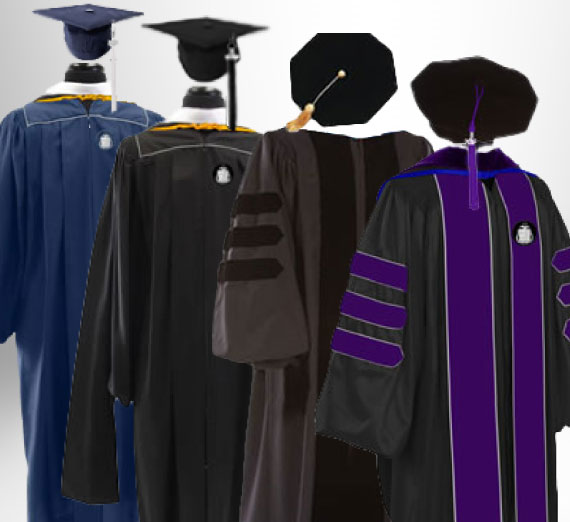 Four sets of academic attire for Commencement 2025: Undergraduate, Masters, Doctoral, and Law 