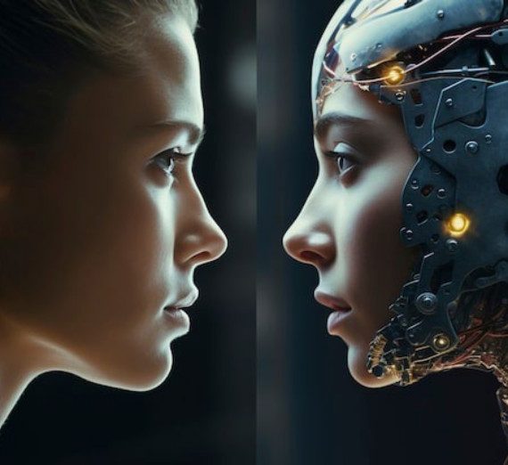 Side-by-side close-up of a human profile facing a metallic robotic head, highlighting the contrast between organic and mechanical design.