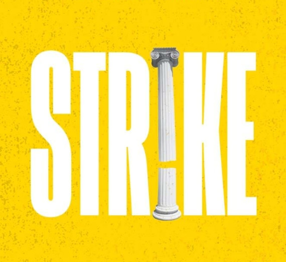 The word "Strike" on a yellow background with an Ionic column in place of the I.